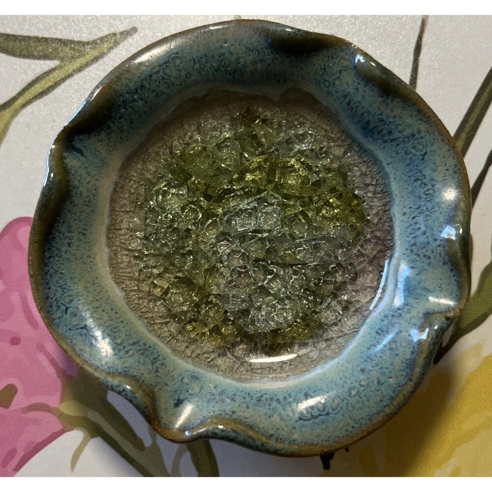 Ceramic Ruffled Edge Blue Green Crackle Glass Crystalline Trinket Dish 3. 75”